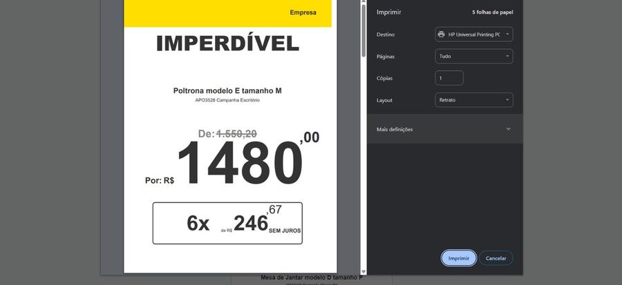 Tela de impressão de um cartaz de oferta no emPlakei